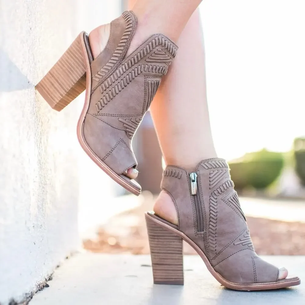 Vince Camuto Karinta Brown Grey Leather Open Toe Heeled Shoes Size 8.5